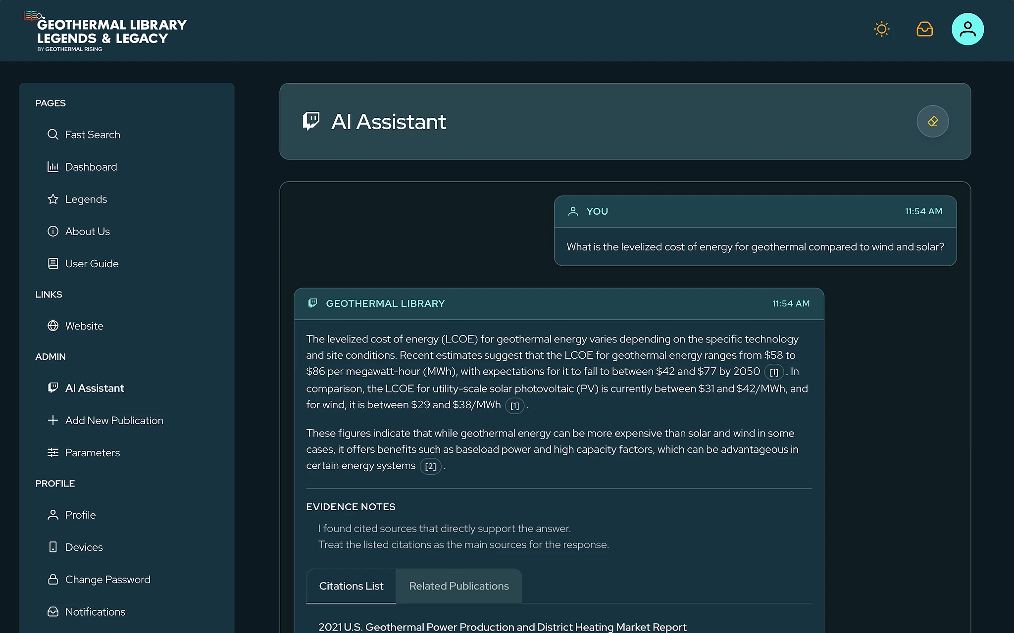 Geothermal Library AI assistant answering with citations
