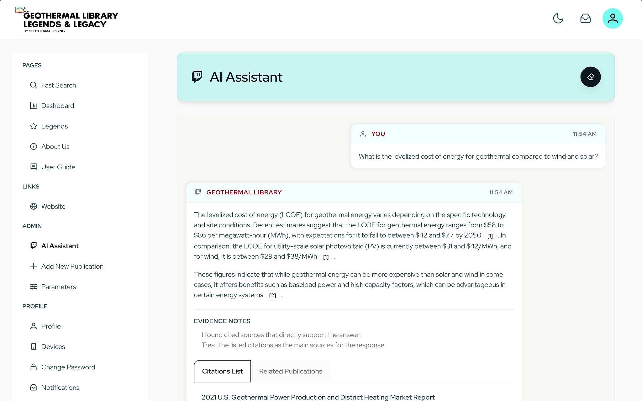 Geothermal Library AI assistant answering with citations